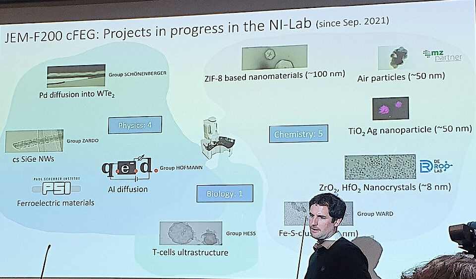 Das neue TEM/STEM des NI Labs wird bereits in zahlreichen wissenschaftlichen Projekten eingesetzt wie Marcus Wyss in seiner Präsentation ausführt. (Bild: S. Erpel, NI Lab, Universität Basel)