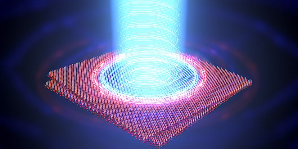 The researchers used a laser pulse (blue) to change the polarity of a ferromagnetic state in a special material consisting of twisted atomic layers (red). (Illustration: Enrique Sahagún, Scixel / University of Basel, Department of Physics)