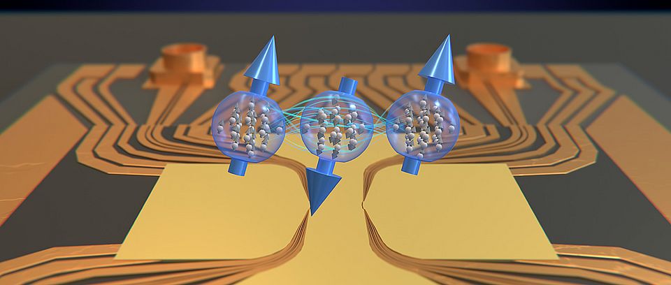 With three atomic clouds whose spins (blue) are entangled with each other at a distance, the researchers can measure the spatial variation of an electromagnetic field. (Illustration: Enrique Sahagún, Scixel / University of Basel, Department of Physics)