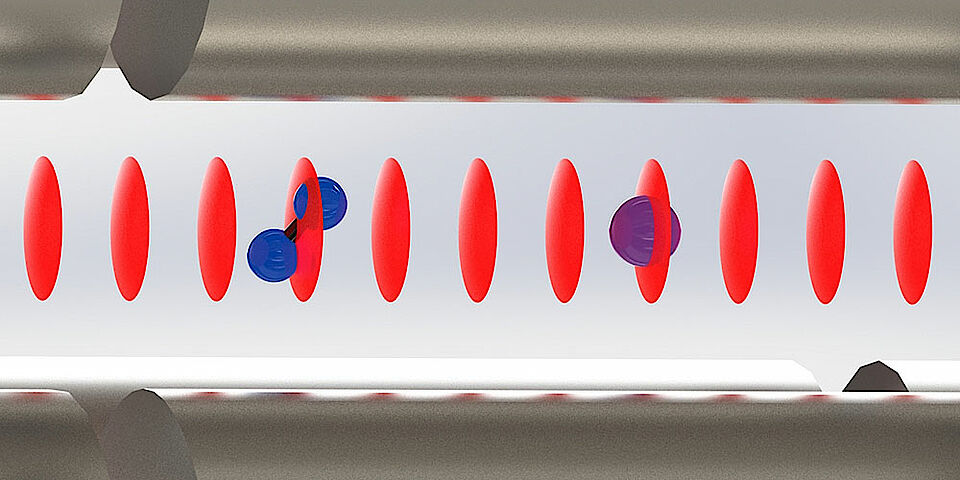 Ein geladenes Stickstoffmolekül wird von einem Kalzium-Ion in einem optischen Gitter störungsfrei ausgelesen. (Bild: Universität Basel, Departement Chemie)