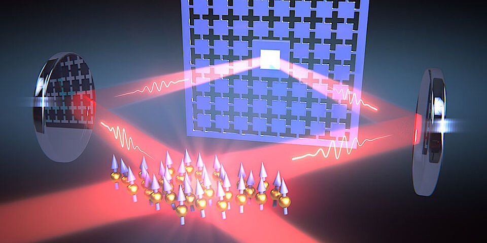 Eine Schleife aus Laserlicht koppelt die Vibrationen einer nanomechanischen Membran (im Hintergrund) an den Spin einer Wolke von Atomen. (Illustration: Universität Basel, Departement Physik)