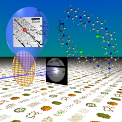 Auf einem Gitter für die Transmissions-Elektronenmikroskopie (TEM) wird ein winziges Kristall des Methylenblau-Derivats platziert (in Vergrösserung oberhalb des Gitters). Die winzigen Kristalle werden mit Elektronen bestrahlt (blauer Strahl) und es entsteht ein typisches Beugungsbild. Anhand der spezifischen Information des Beugungsbildes können die Wissenschaftler die chemische Struktur des Moleküls bestimmen. Zahlreiche Strukturen warten darauf mithilfe dieser neuen Methode identifiziert zu werden (Abbildung: Tim Grüne).