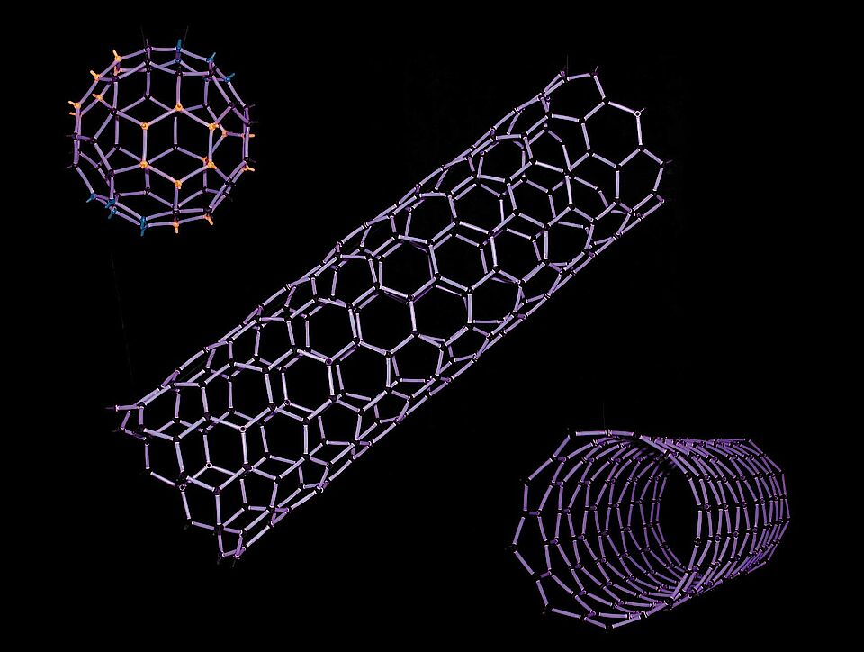 Model of a bucky ball (fulleren) and carbon nanotubes