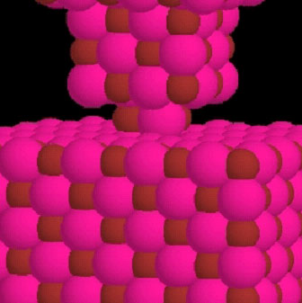 Simulations Snapshot of a computer simulation reproducing the sliding motion of a tip on a surface on the atomic scale